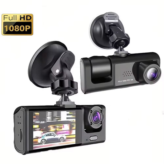 1080P Triple Camera Dash Cam with Infrared Night Vision, Loop Recording, and 2-Inch IPS Screen